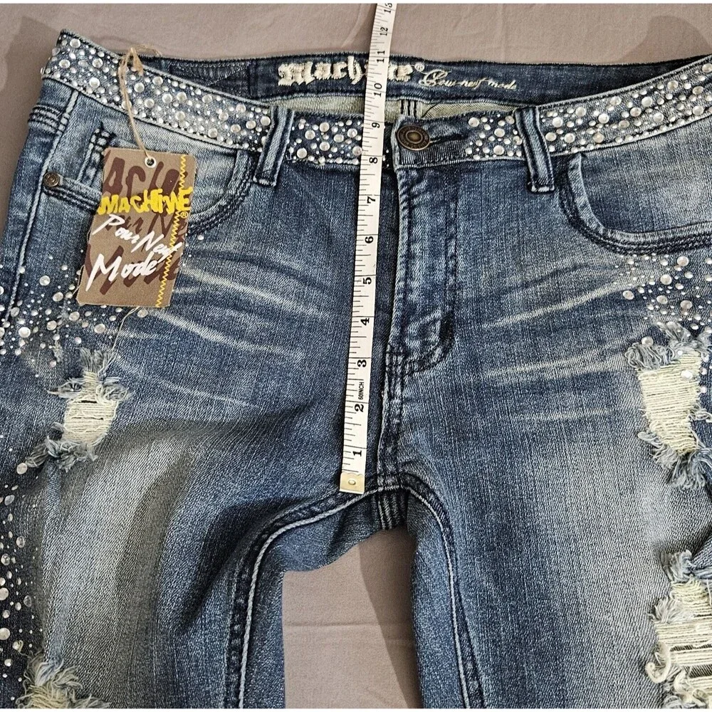 Machine Nouvelle Mode Jeans Size 15 Stretch Straight Leg Blue Distress Bling Y2K - Picture 10 of 12